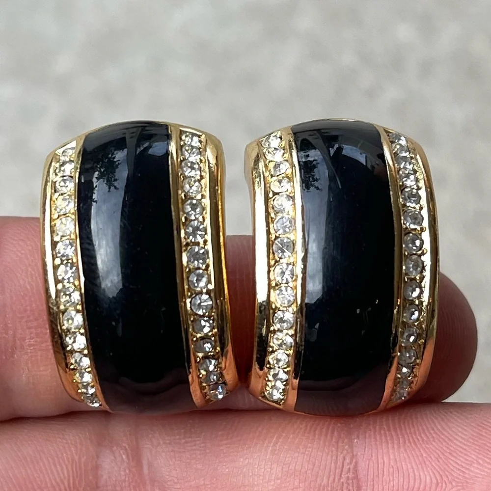 Vintage Gold Black Enamel pierced Earrings Rhinestone accents